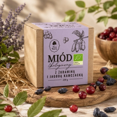 Miód z żurawiną i jagodą kamczacką(wyprzedaż) eko 230g.